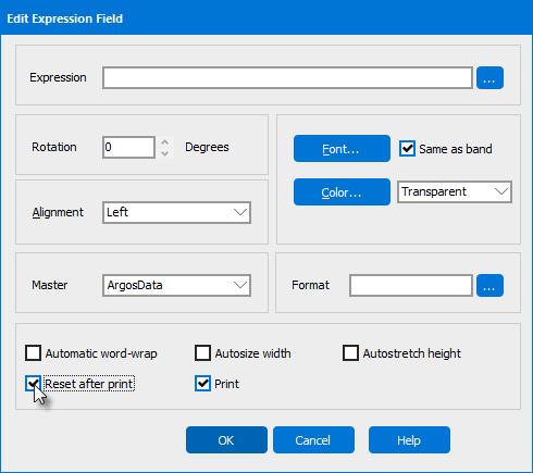 Edit expression field dialog box. The expression field is near the top of the dialog box. Other options, such as font and alignment, can also be adjusted here.